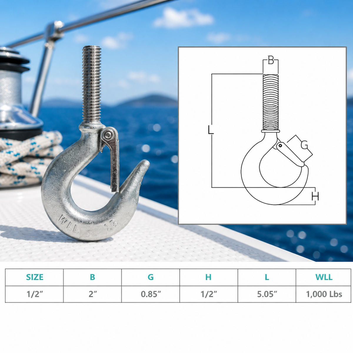4 Pc Set Marine Stainless Steel Threaded Shank Hook, Drop Forged Hook Various Sizes for Boat, Dock, Rope, Chain