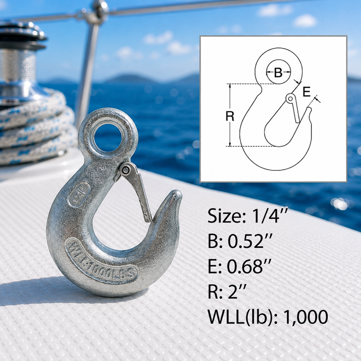 4 Pc Set Marine Drop Forged T316 Stainless Steel Eye Slip Hook, Heavy Duty Rigging Hook for Chain, Rope, Cable, Dock
