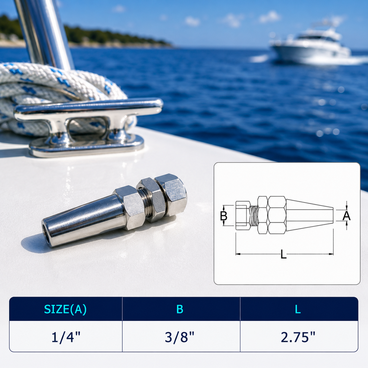 4 Pc Set Marine Boat T316 Stainless Steel Swageless Receiver, Cable Wire Rope Railing Terminal Fitting for Deck, Dock, Stair