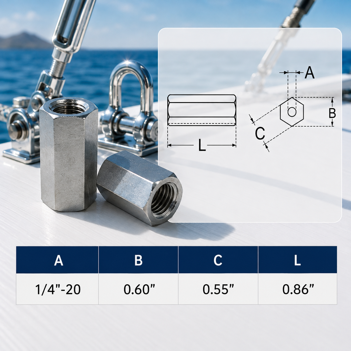 4 Pc Set Marine T316 Stainless Steel Coupling Nut, Hex Connecting Nut Threaded Hardware for Rigging, Rod, Bolt, Dock