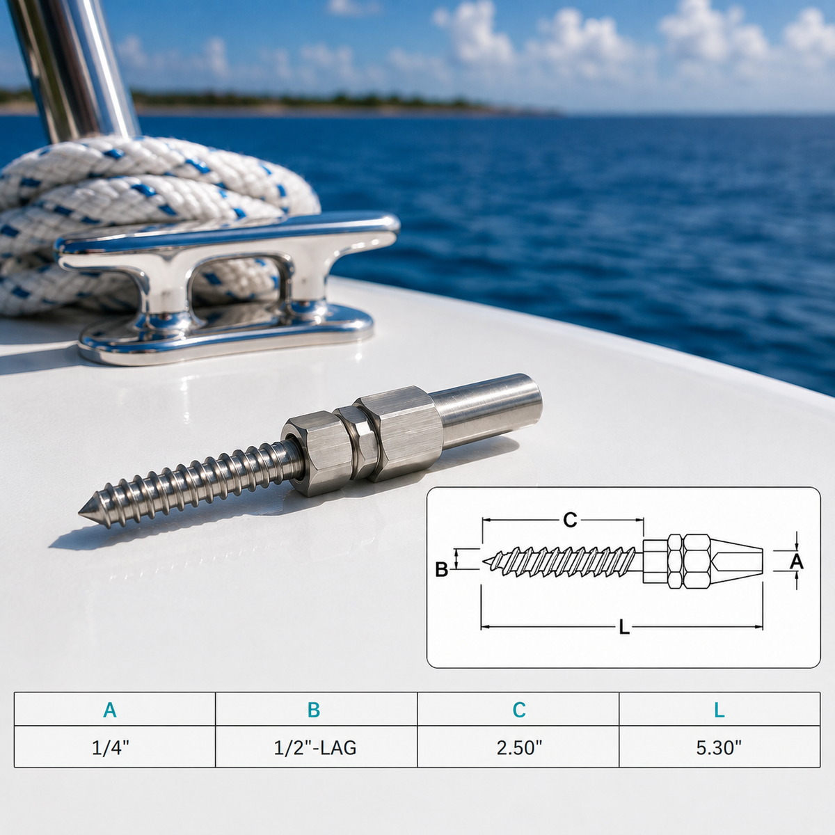 4 Pc Set Marine Boat Stainless Steel Swageless Lag Stud for Cable Rail, Wire Rope Railing Terminal Fitting for Deck, Stair, Balcony