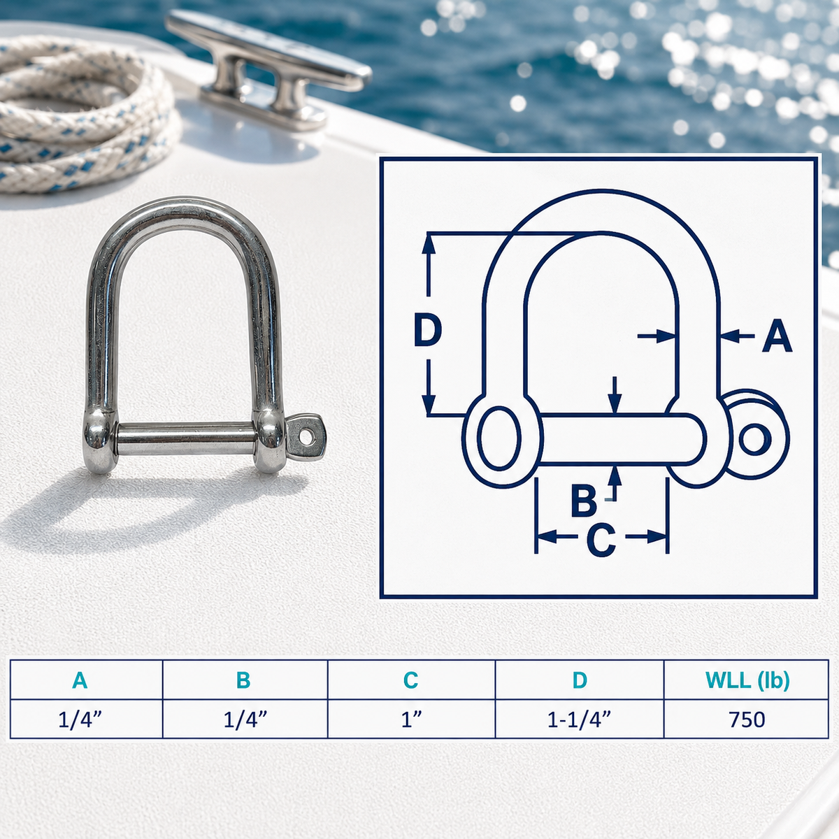 4 Pc Set Marine T316 Stainless Steel Wide D Shackle with Screw Pin, Heavy Duty Anchor Rigging Shackle for Chain, Rope