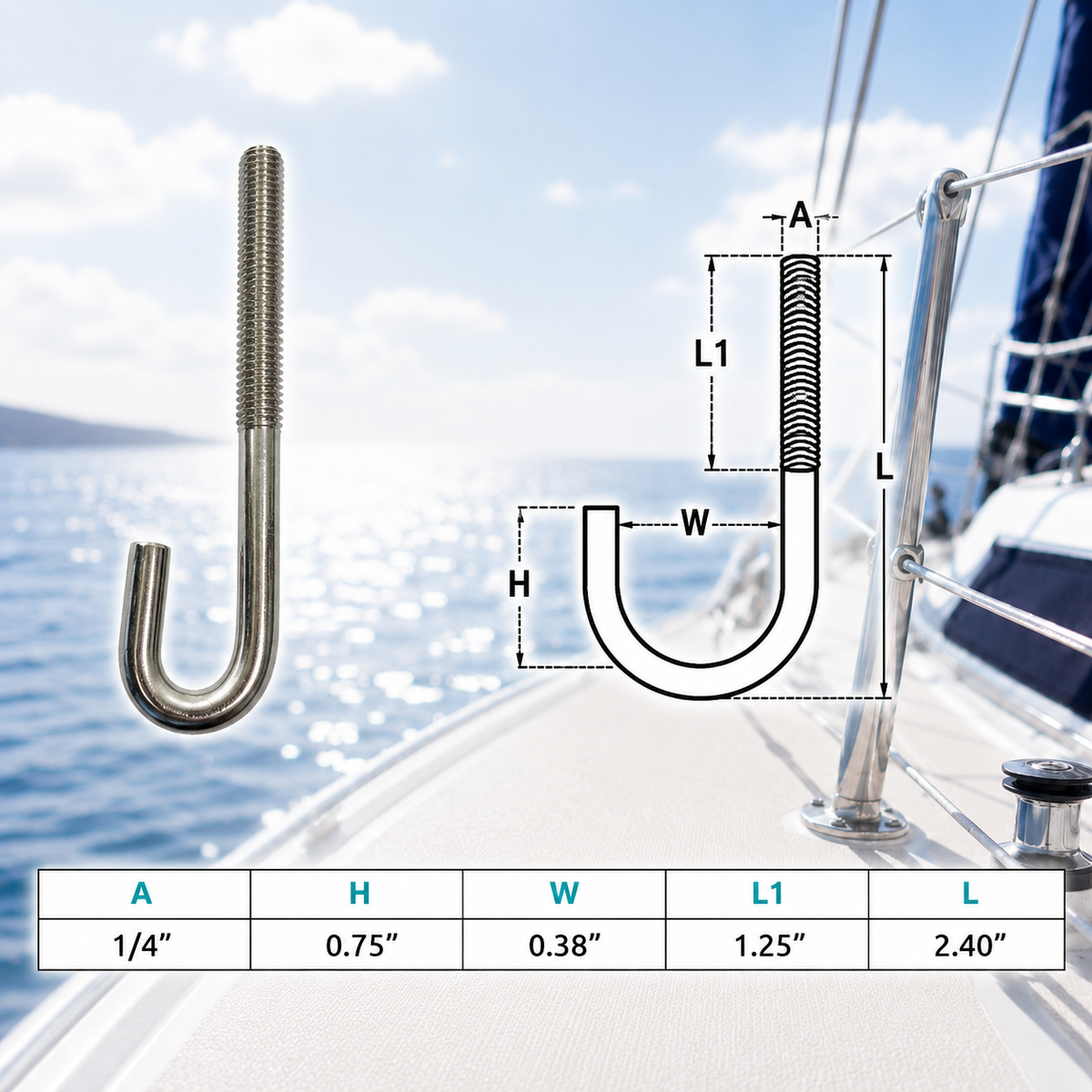 4 Pc Set Marine T316 Stainless Steel J Bolt Spring Hook, J-Bolt J Hook Hardware for Rope, Chain, Cable, Dock