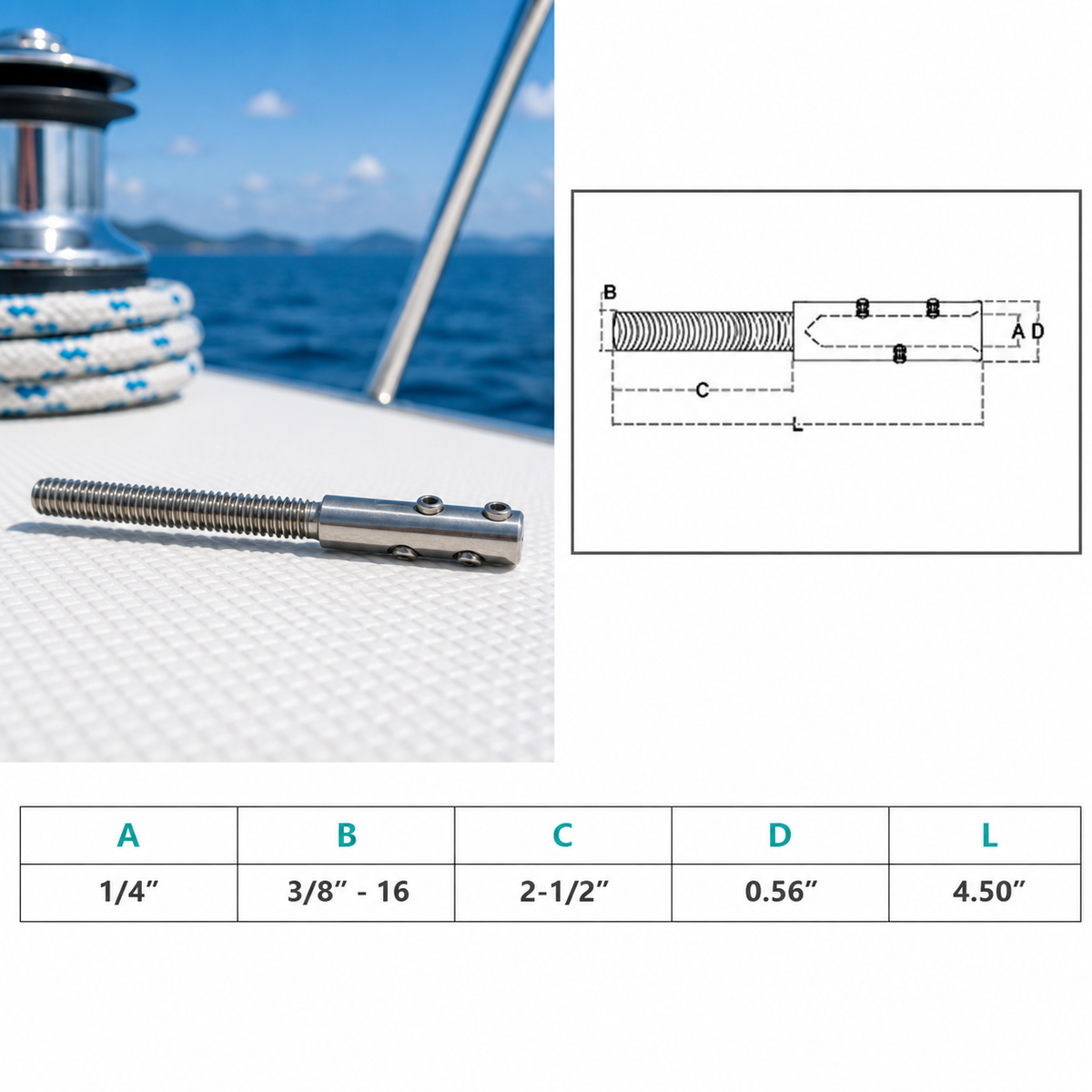 4 Pc Set Stainless Steel T316 Set Screw Threaded Stud for Cable Wire, Marine Cable Railing Stud for Deck, Dock