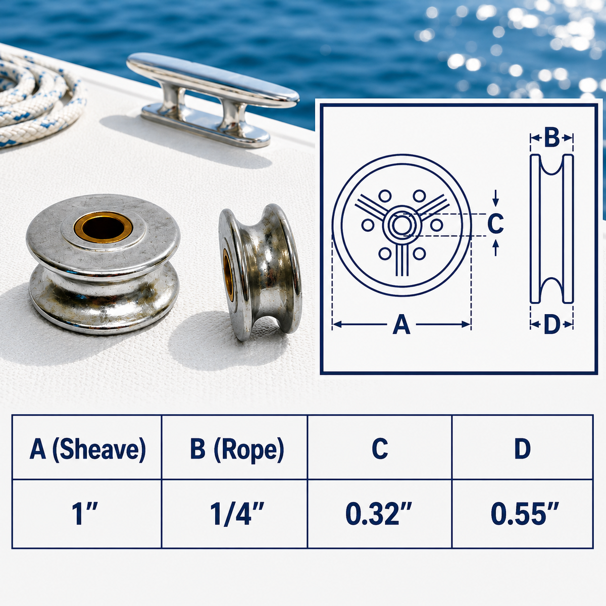 4 Pc Set Marine T304 Stainless Steel Sheave Wire Pulley with Brass Bushing for Wire Rope, Cable Rigging, Yacht, Dock