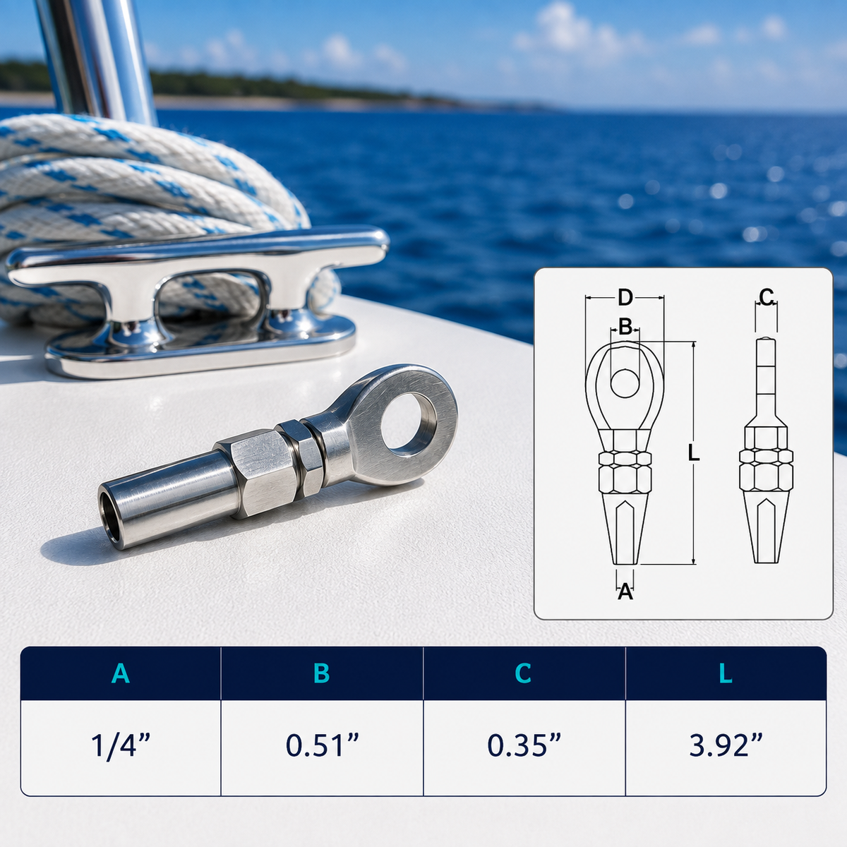 4 Pc Set Marine Boat T316 Stainless Steel Swageless Eye Terminal for Cable Rail, Wire Rope Railing End Fitting for Deck, Stair, Balcony