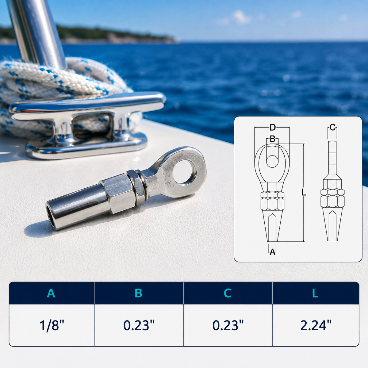 4 Pc Set Marine Boat T316 Stainless Steel Swageless Eye Terminal for Cable Rail, Wire Rope Railing End Fitting for Deck, Stair, Balcony