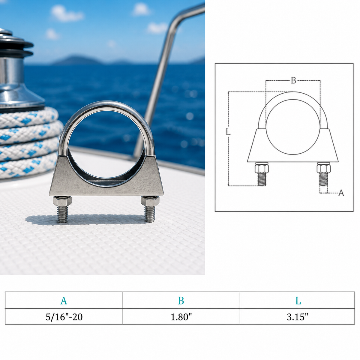 4 Pc Set Marine Stainless Steel Round U-Bolt Exhaust Clamp, Pipe U Bolt Clamp for Boat, Trailer, Automotive