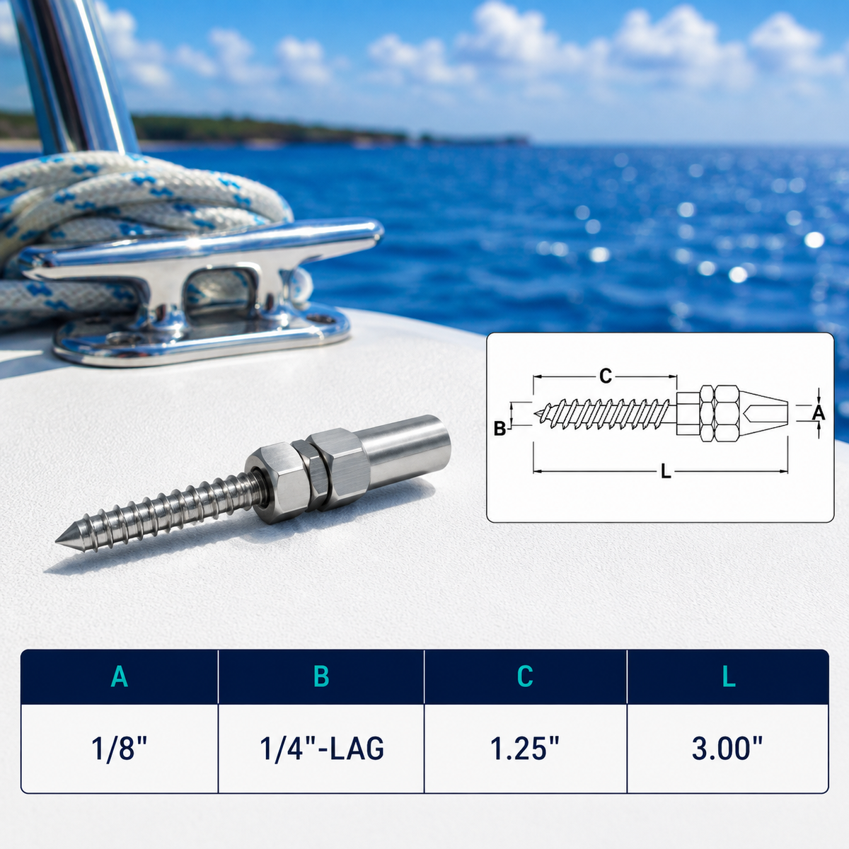 4 Pc Set Marine Boat Stainless Steel Swageless Lag Stud for Cable Rail, Wire Rope Railing Terminal Fitting for Deck, Stair, Balcony