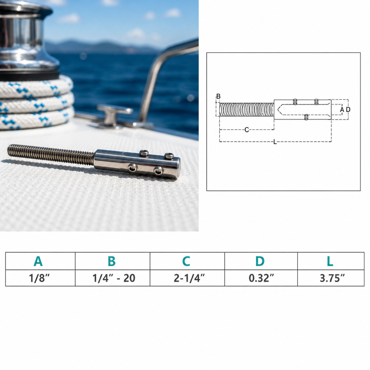 4 Pc Set Stainless Steel T316 Set Screw Threaded Stud for Cable Wire, Marine Cable Railing Stud for Deck, Dock