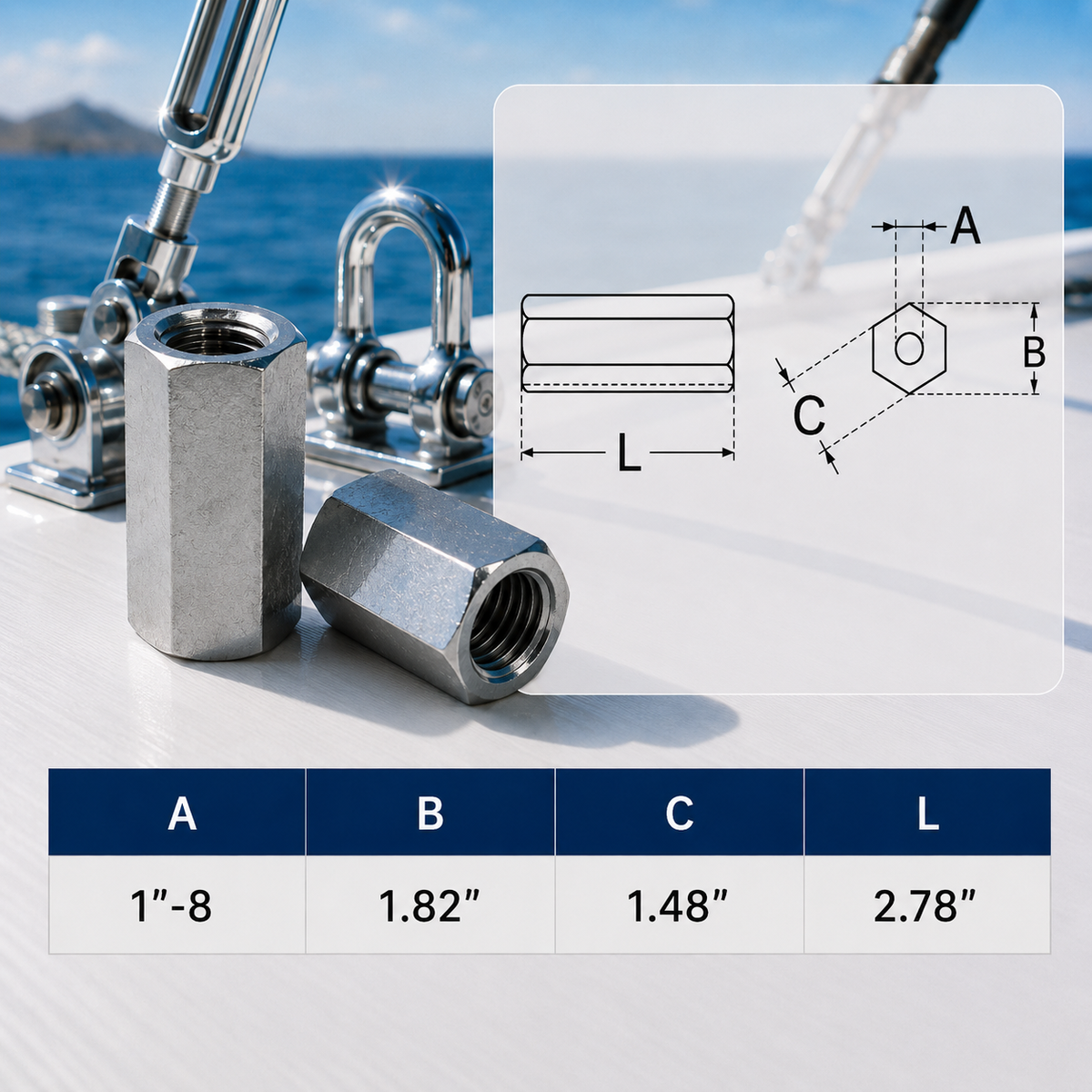 4 Pc Set Marine T316 Stainless Steel Coupling Nut, Hex Connecting Nut Threaded Hardware for Rigging, Rod, Bolt, Dock