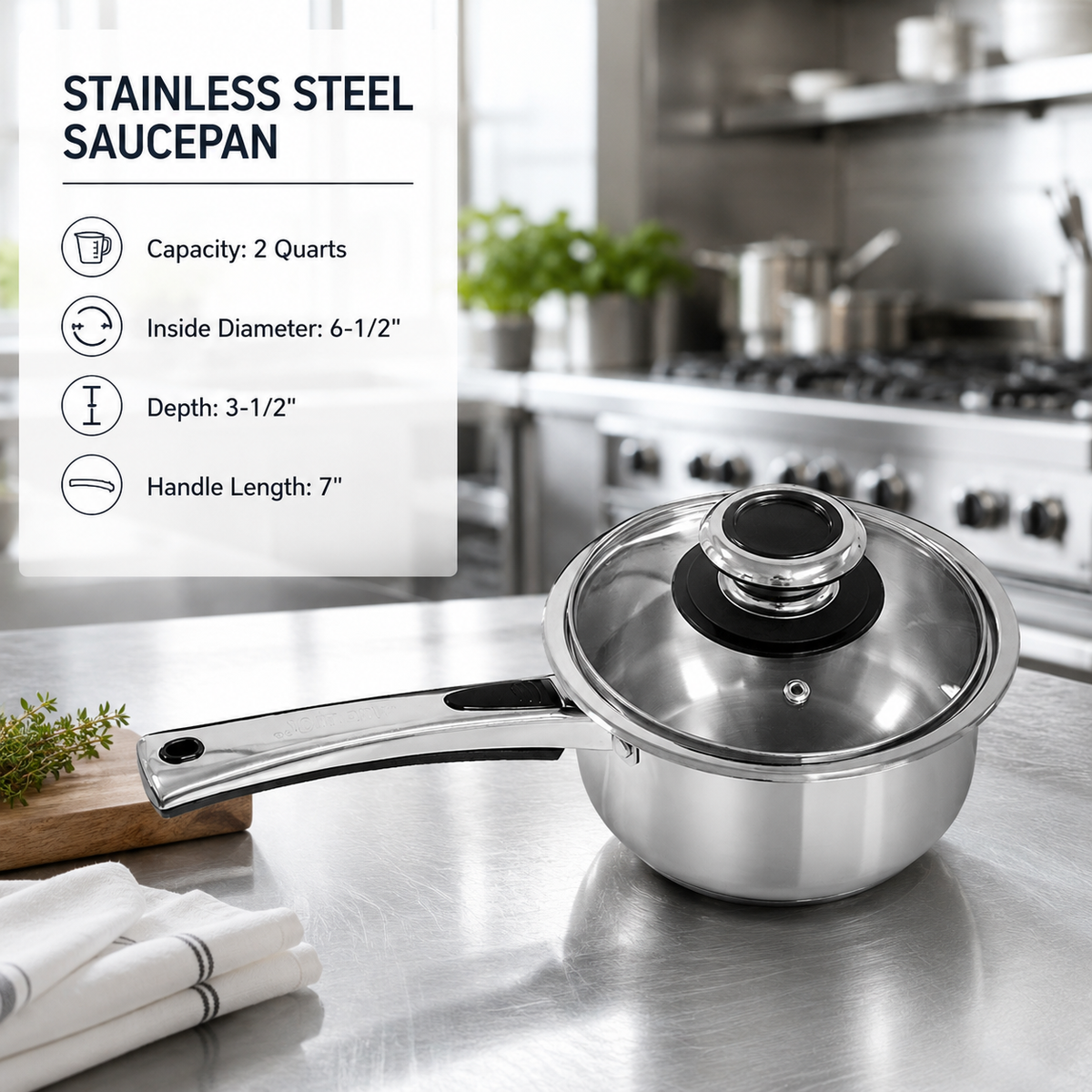 Stainless Steel Sauce Pan Stockpot with Tempered Glass Lid, Durable & Rust-Proof Kitchen Cookware