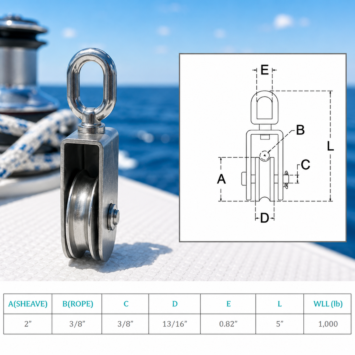4 Pc Set Marine Stainless Steel Sheave Square Block for Rope Wire Pulley, Boat Rigging Pulley Block for Cable, Rope, Dock