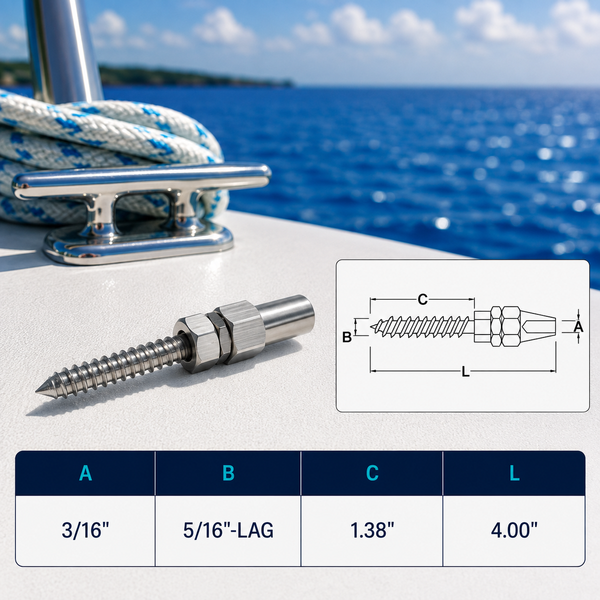 4 Pc Set Marine Boat Stainless Steel Swageless Lag Stud for Cable Rail, Wire Rope Railing Terminal Fitting for Deck, Stair, Balcony