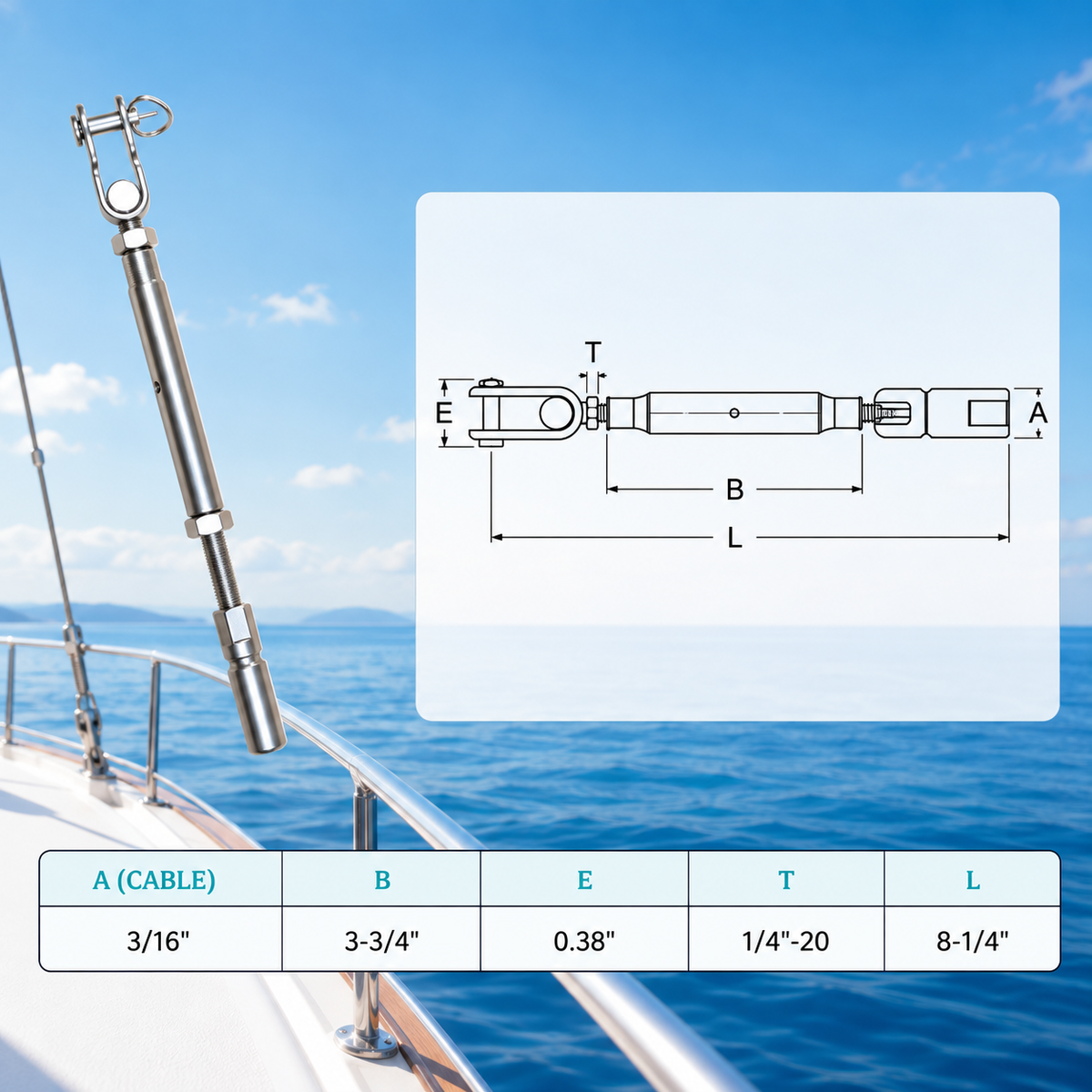 4 Pcs Set Marine T316 Stainless Steel Swageless and Toggle Turnbuckle for Cable Rail, Wire Rope Railing Tensioner for Deck, Stair, Dock