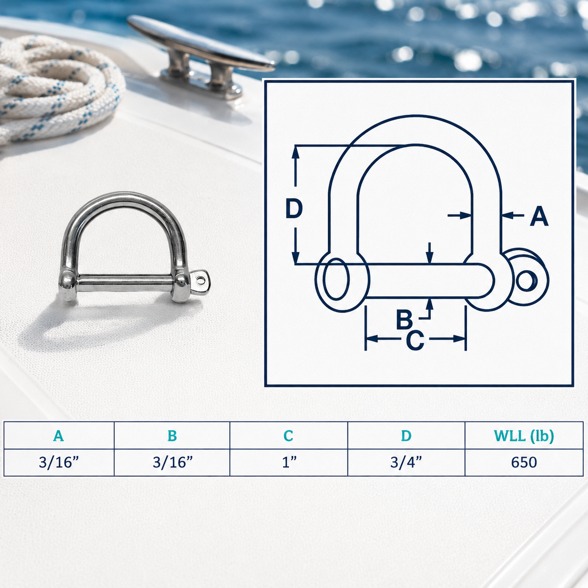 4 Pc Set Marine T316 Stainless Steel Wide D Shackle with Screw Pin, Heavy Duty Anchor Rigging Shackle for Chain, Rope