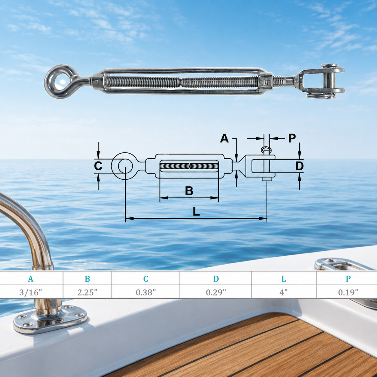 4 Pcs Set Marine Boat Stainless Steel Jaw Eye Turnbuckle, Rigging Tensioner for Cable, Wire Rope, Chain, Rope, Dock