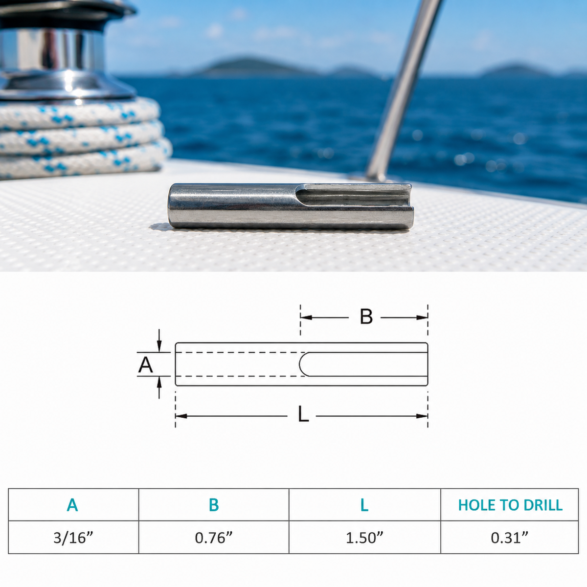 4 pc Set Marine T316 Stainless Steel T Anchor Fitting for 1/8" 3/16" Cable, Hand Swage Wire Rope Terminal for Deck, Dock, Railing