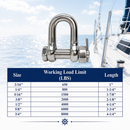 Stainless Steel 316 Bolt Pin Chain D-RING SHACKLES 3/16" to 3/4" Oversized Pin