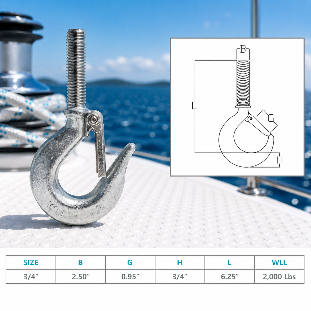 4 Pc Set Marine Stainless Steel Threaded Shank Hook, Drop Forged Hook Various Sizes for Boat, Dock, Rope, Chain