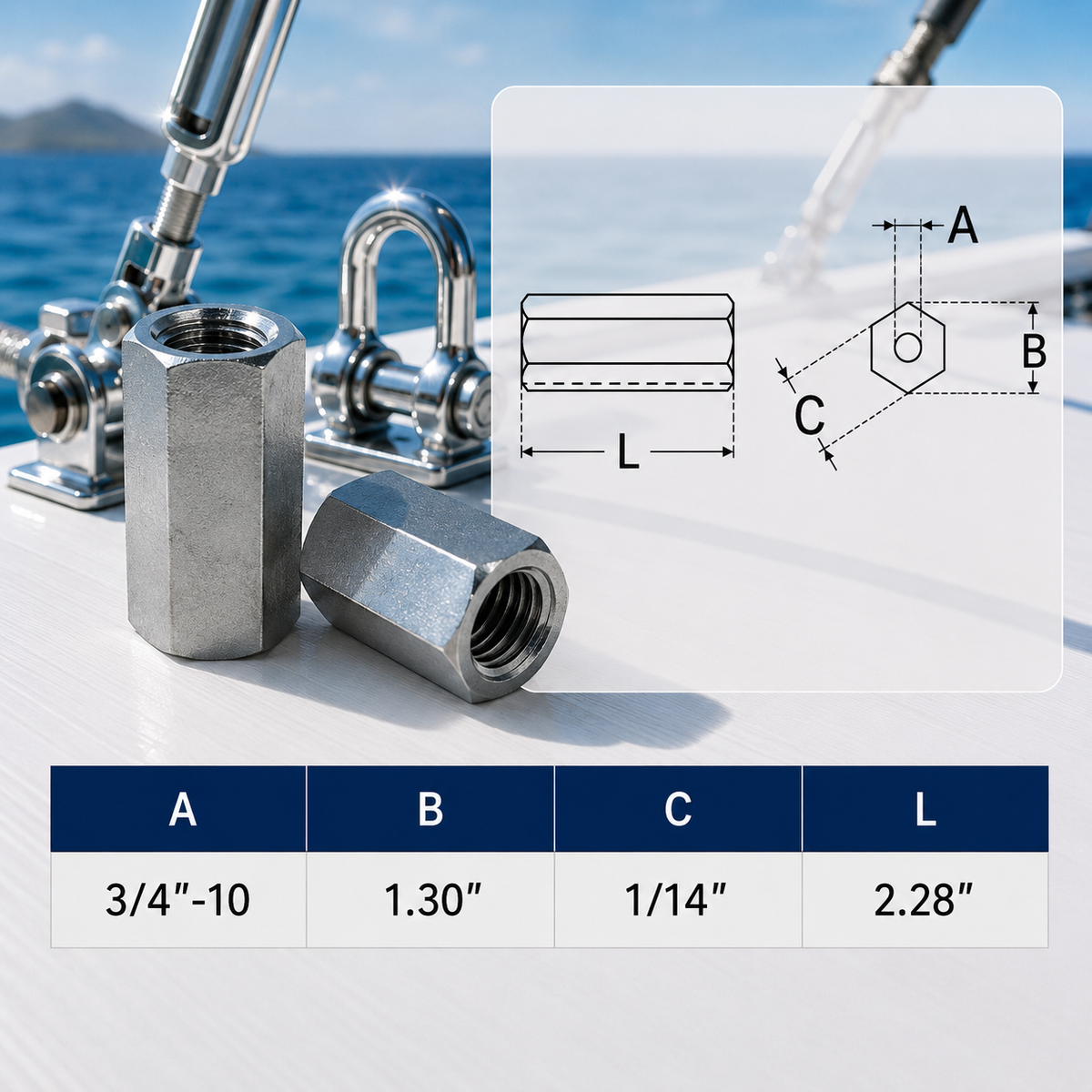4 Pc Set Marine T316 Stainless Steel Coupling Nut, Hex Connecting Nut Threaded Hardware for Rigging, Rod, Bolt, Dock