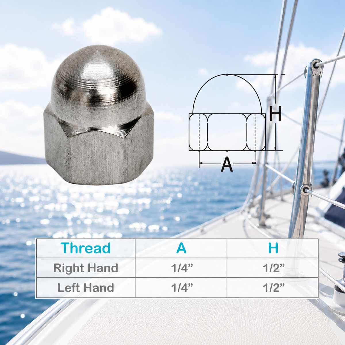 10 Pc Set T316 Stainless Steel 1/4" Acorn Nut, Left Hand and Right Hand Thread Cap Nut