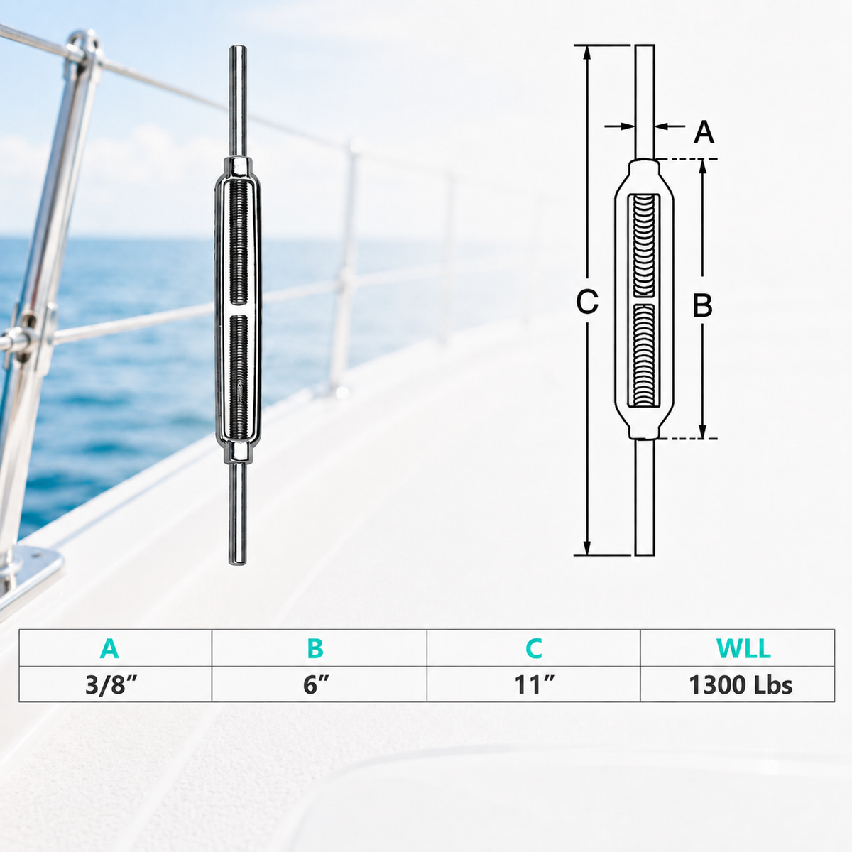 4 Pc Set Marine T316 Stainless Steel Stub End Turnbuckle, Adjustable Rigging Tensioner for Cable, Wire Rope, Dock
