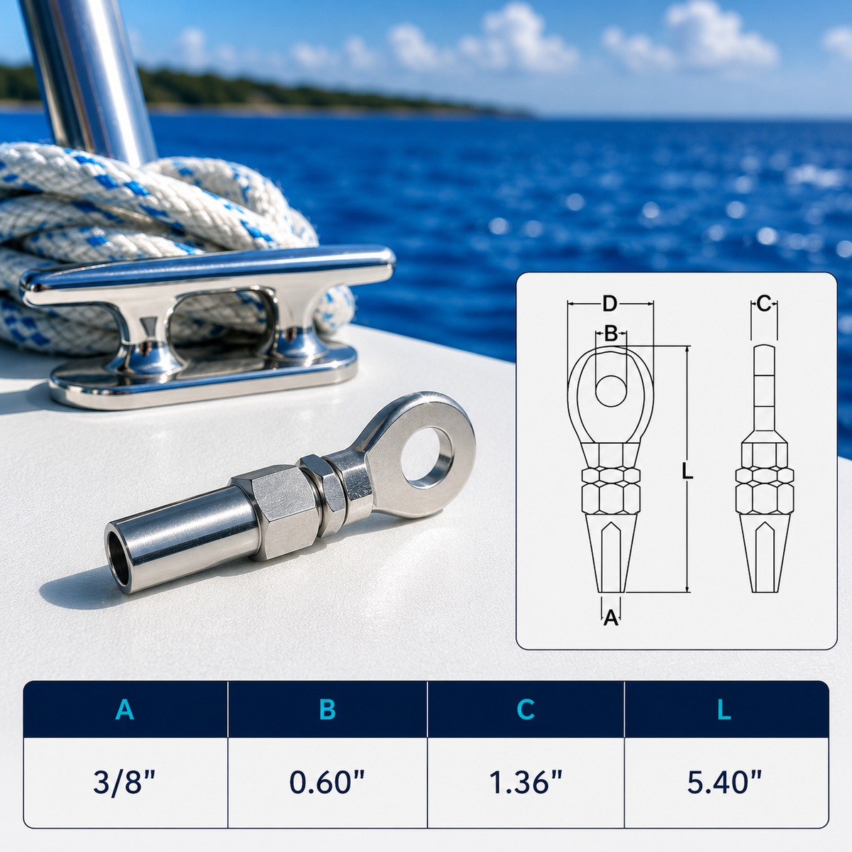 4 Pc Set Marine Boat T316 Stainless Steel Swageless Eye Terminal for Cable Rail, Wire Rope Railing End Fitting for Deck, Stair, Balcony