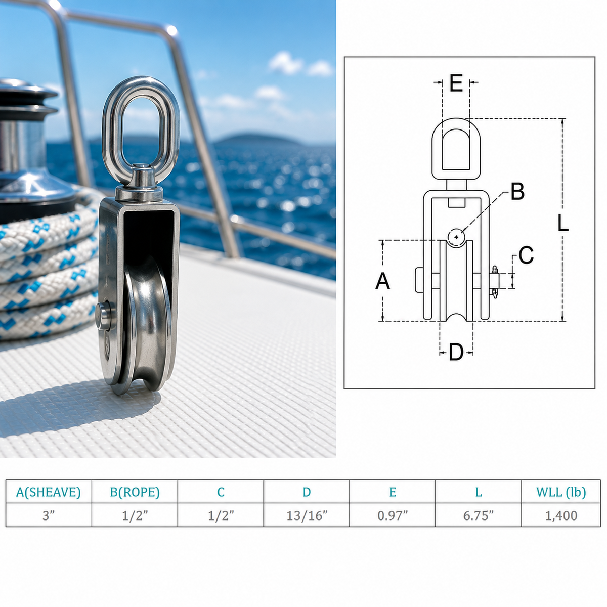 4 Pc Set Marine Stainless Steel Sheave Square Block for Rope Wire Pulley, Boat Rigging Pulley Block for Cable, Rope, Dock