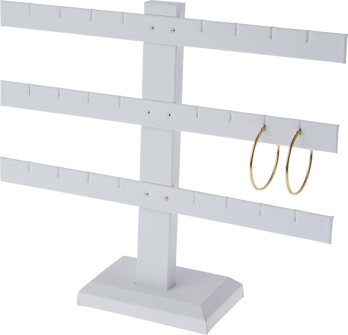 10'' x 9'' White Faux Leather 3 Bars Earring Stand Display Jewelry Showcase Leatherette