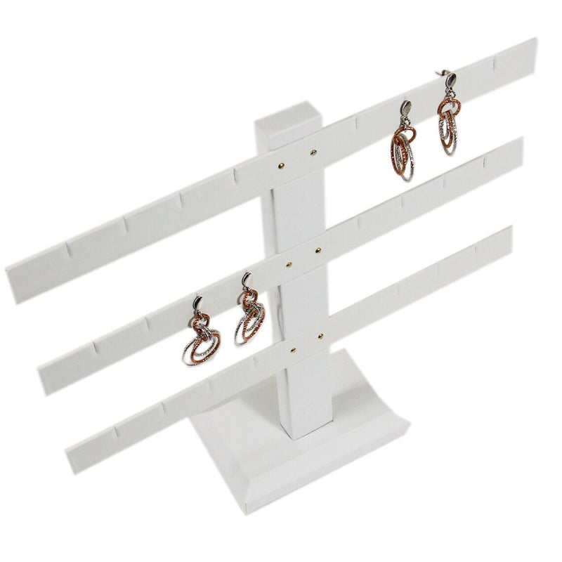 10'' x 9'' White Faux Leather 3 Bars Earring Stand Display Jewelry Showcase Leatherette