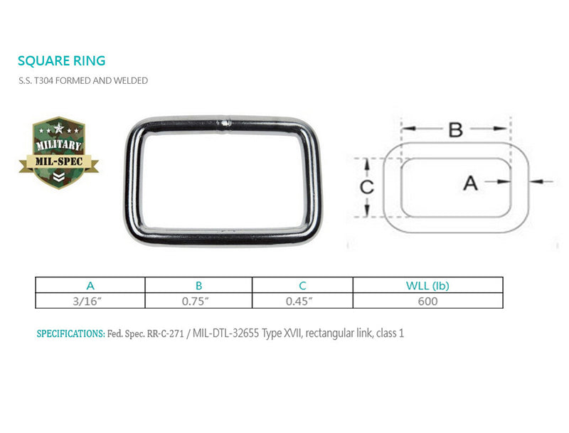 Marine Boat Stainless Steel Rectangular Ring Link Rectangle Loop Mil Spec
