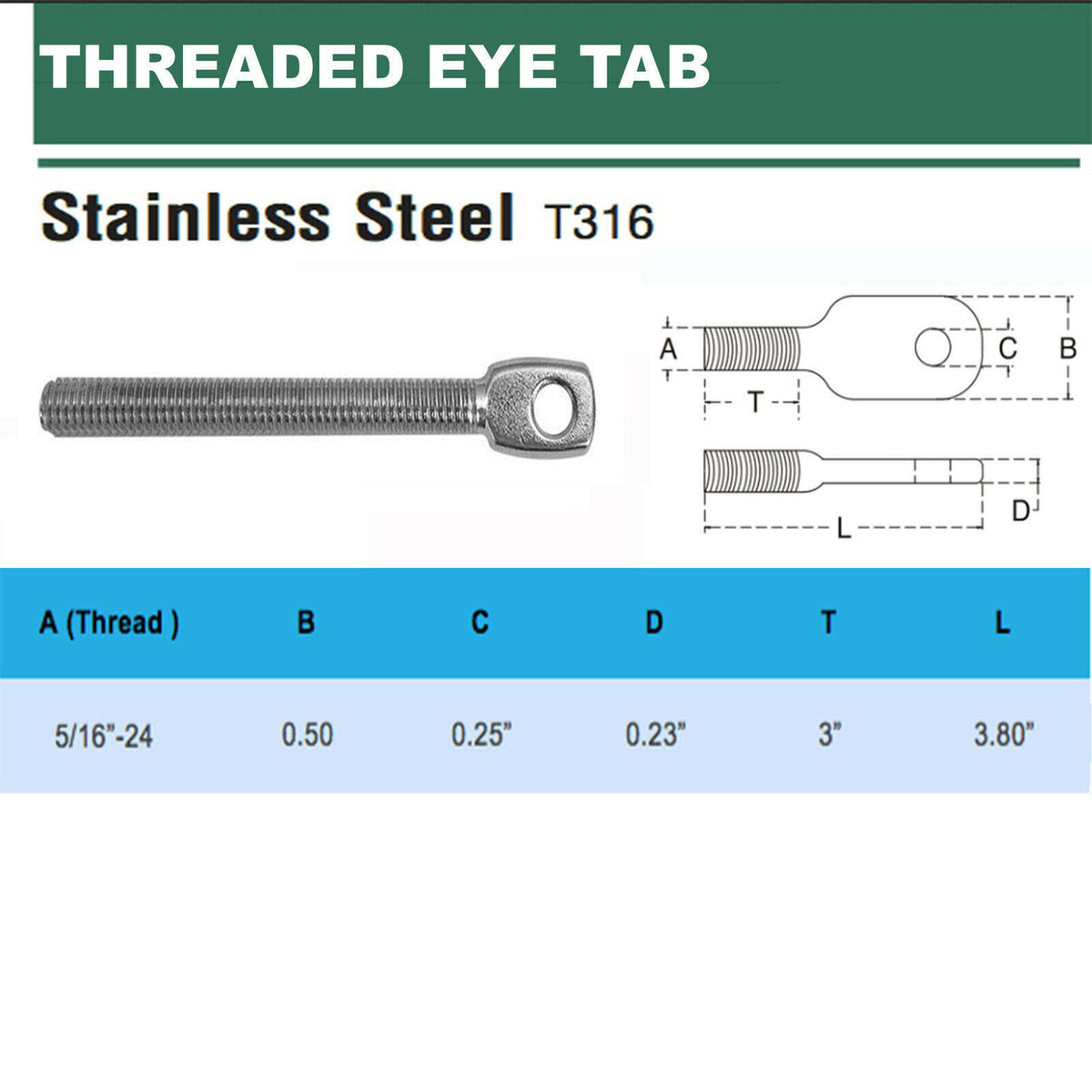 T316 Stainless Steel Threaded Eye Tab 5 Pack, 5/16"-18, 5/16"-24, and 5/16" Lag Thread Marine Grade Cable Hardware