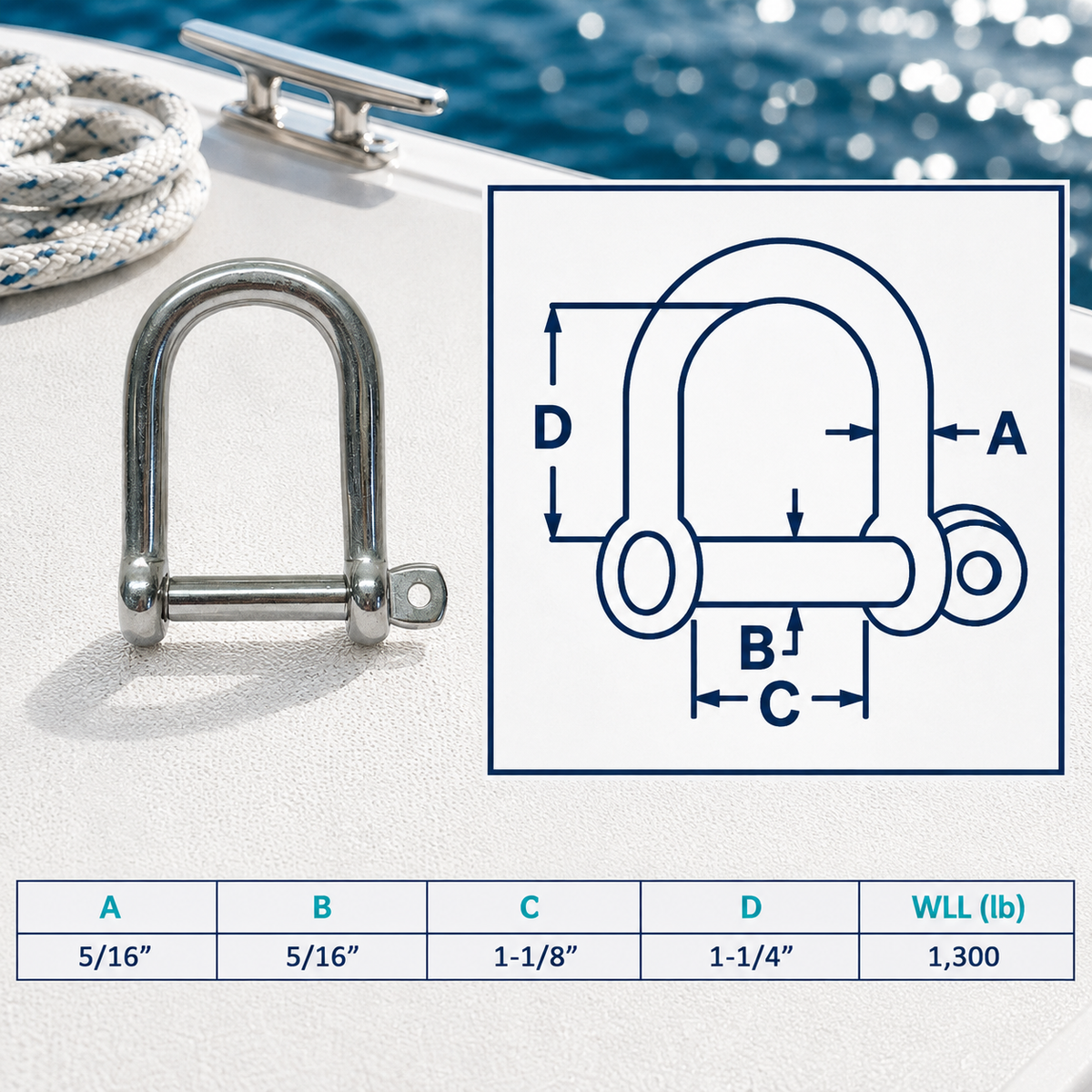 4 Pc Set Marine T316 Stainless Steel Wide D Shackle with Screw Pin, Heavy Duty Anchor Rigging Shackle for Chain, Rope