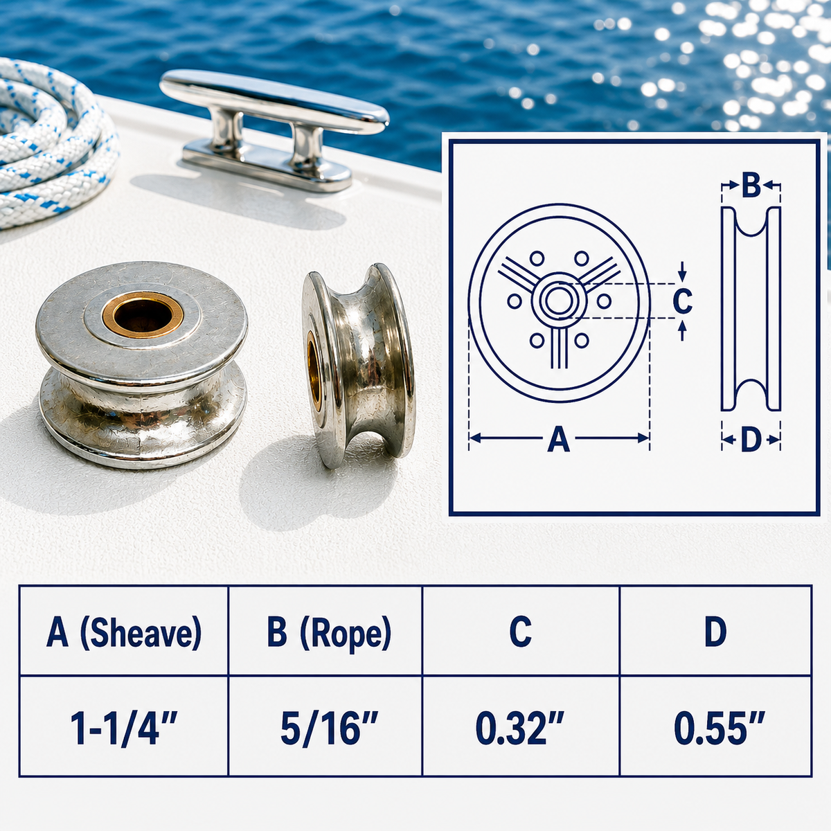 4 Pc Set Marine T304 Stainless Steel Sheave Wire Pulley with Brass Bushing for Wire Rope, Cable Rigging, Yacht, Dock