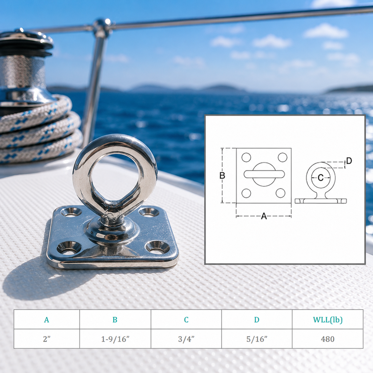 4 Pc Set Marine T316 Stainless Steel Square Swivel Pad Eye, Rigging Lift Rope Anchor Plate for Deck, Dock, Chain