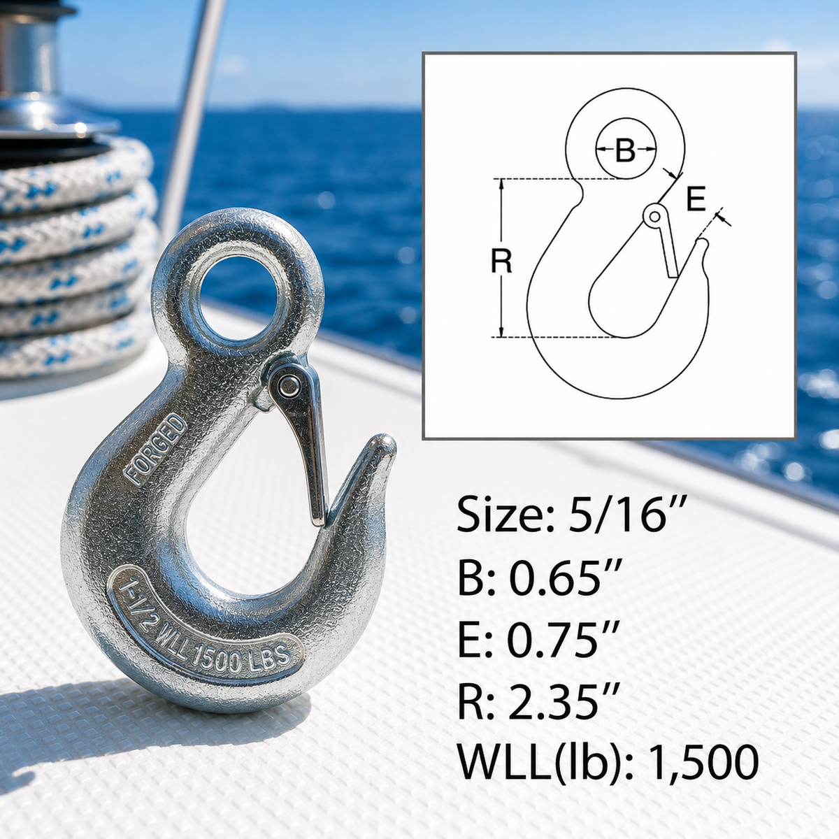 4 Pc Set Marine Drop Forged T316 Stainless Steel Eye Slip Hook, Heavy Duty Rigging Hook for Chain, Rope, Cable, Dock