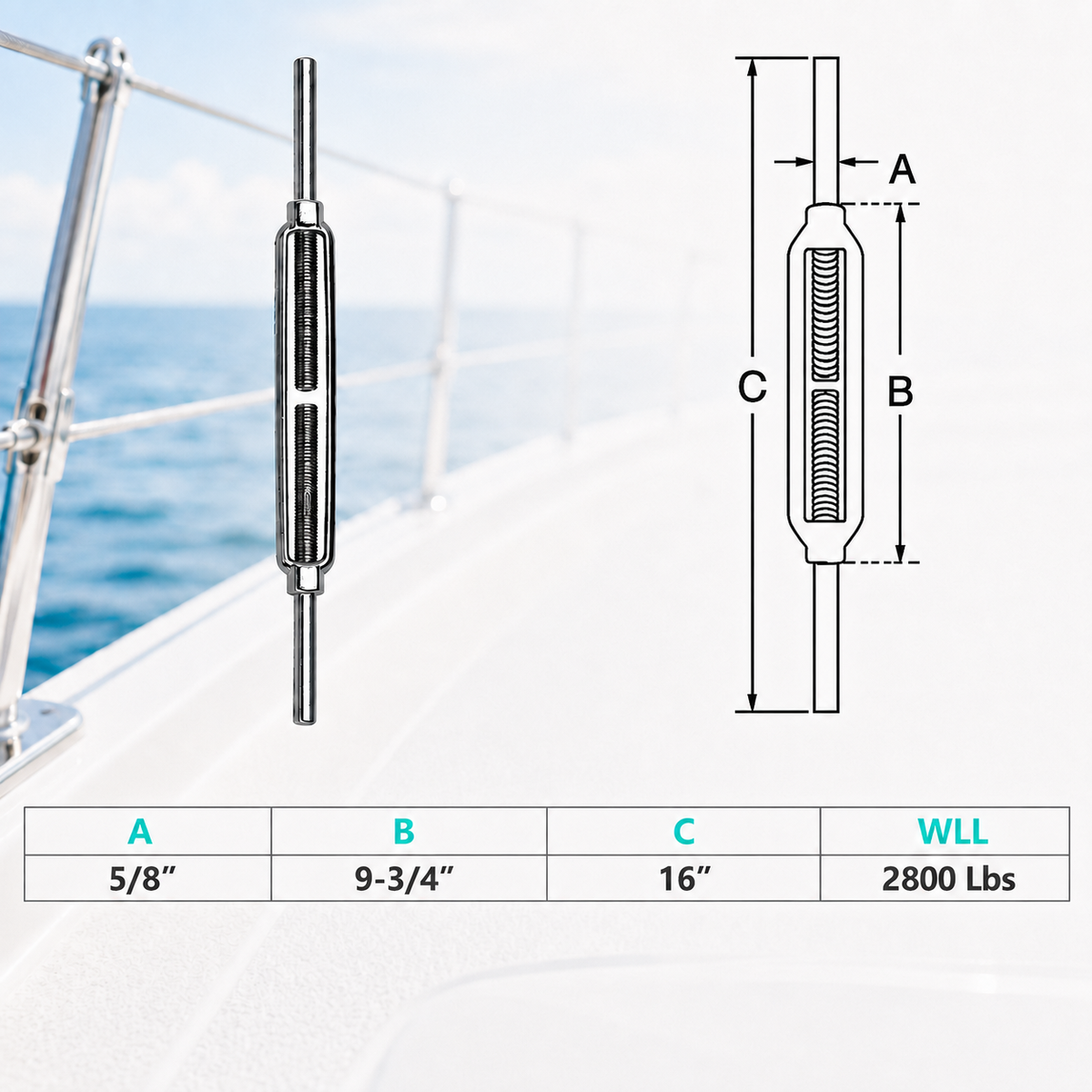 4 Pc Set Marine T316 Stainless Steel Stub End Turnbuckle, Adjustable Rigging Tensioner for Cable, Wire Rope, Dock