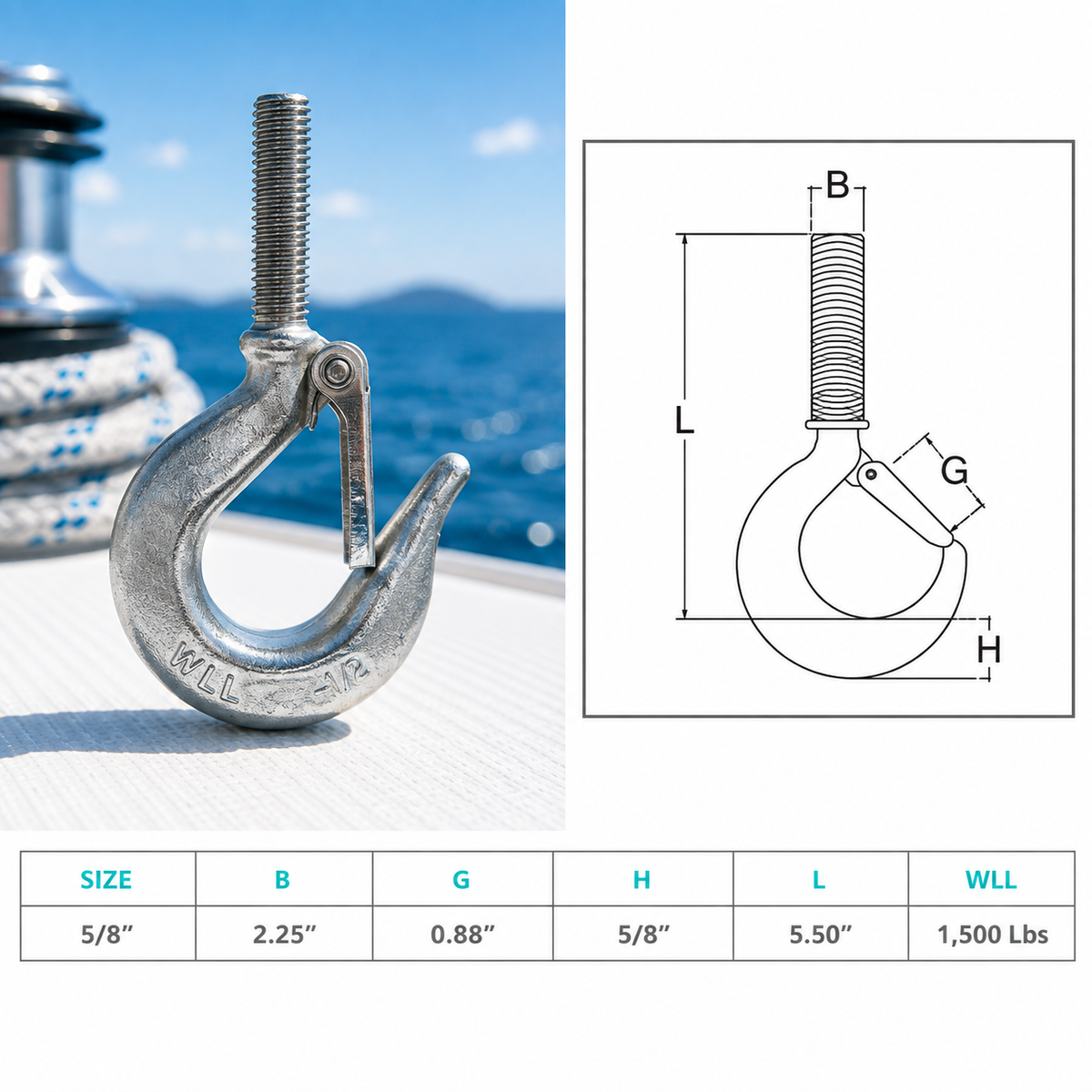4 Pc Set Marine Stainless Steel Threaded Shank Hook, Drop Forged Hook Various Sizes for Boat, Dock, Rope, Chain