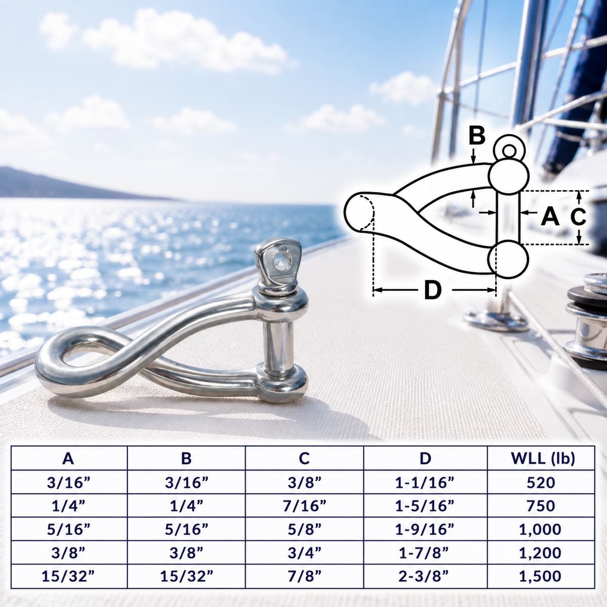 4 Pc Set T316 Stainless Steel Twisted Shackle Screw Pin, Marine Boat Twist Shackle Connector for Rope, Chain, Cable, and Rigging