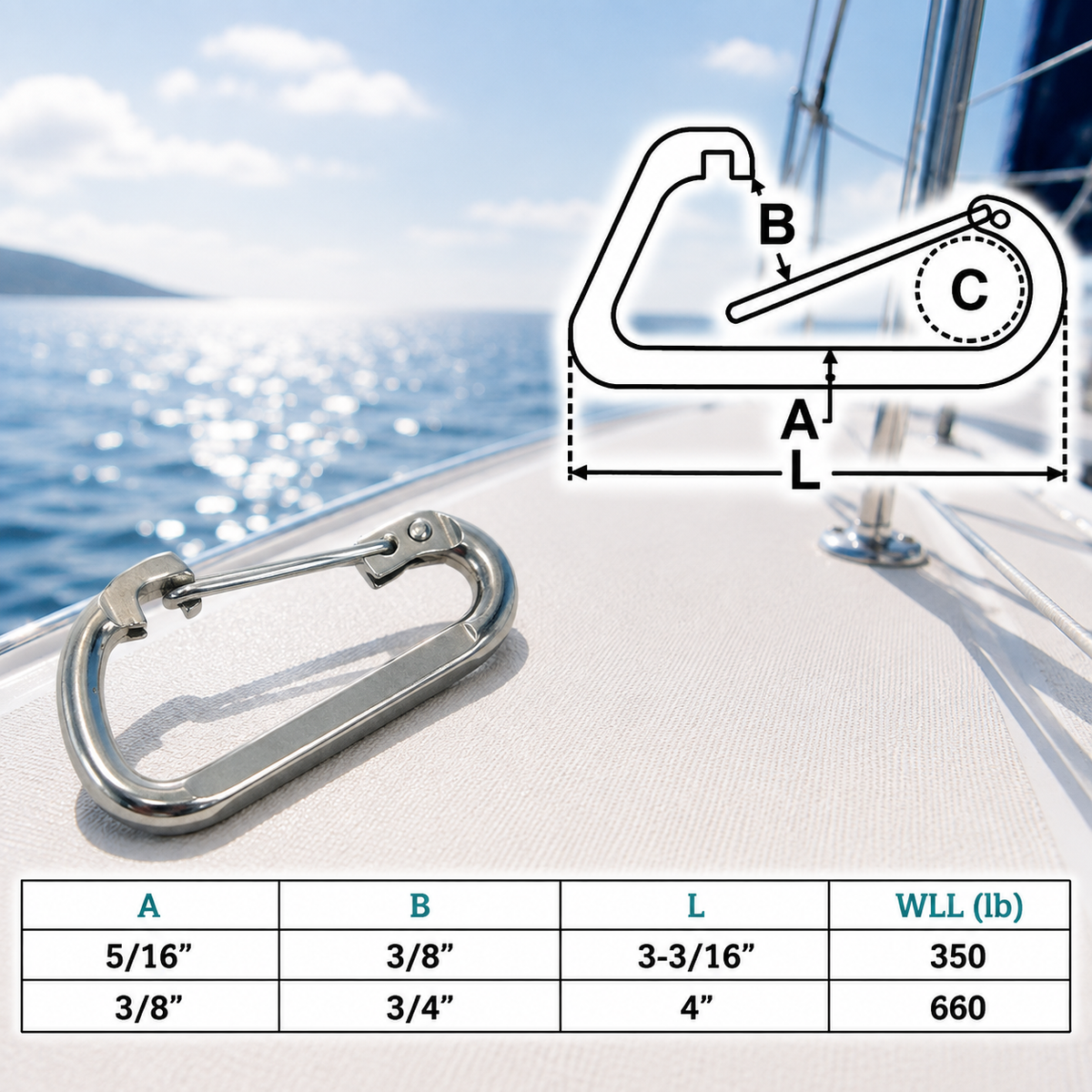 4 Pc Set Marine T316 Stainless Steel Spring Clip, Rigging Lift Link Connector for Chain, Rope, Cable, and Outdoor Hardware