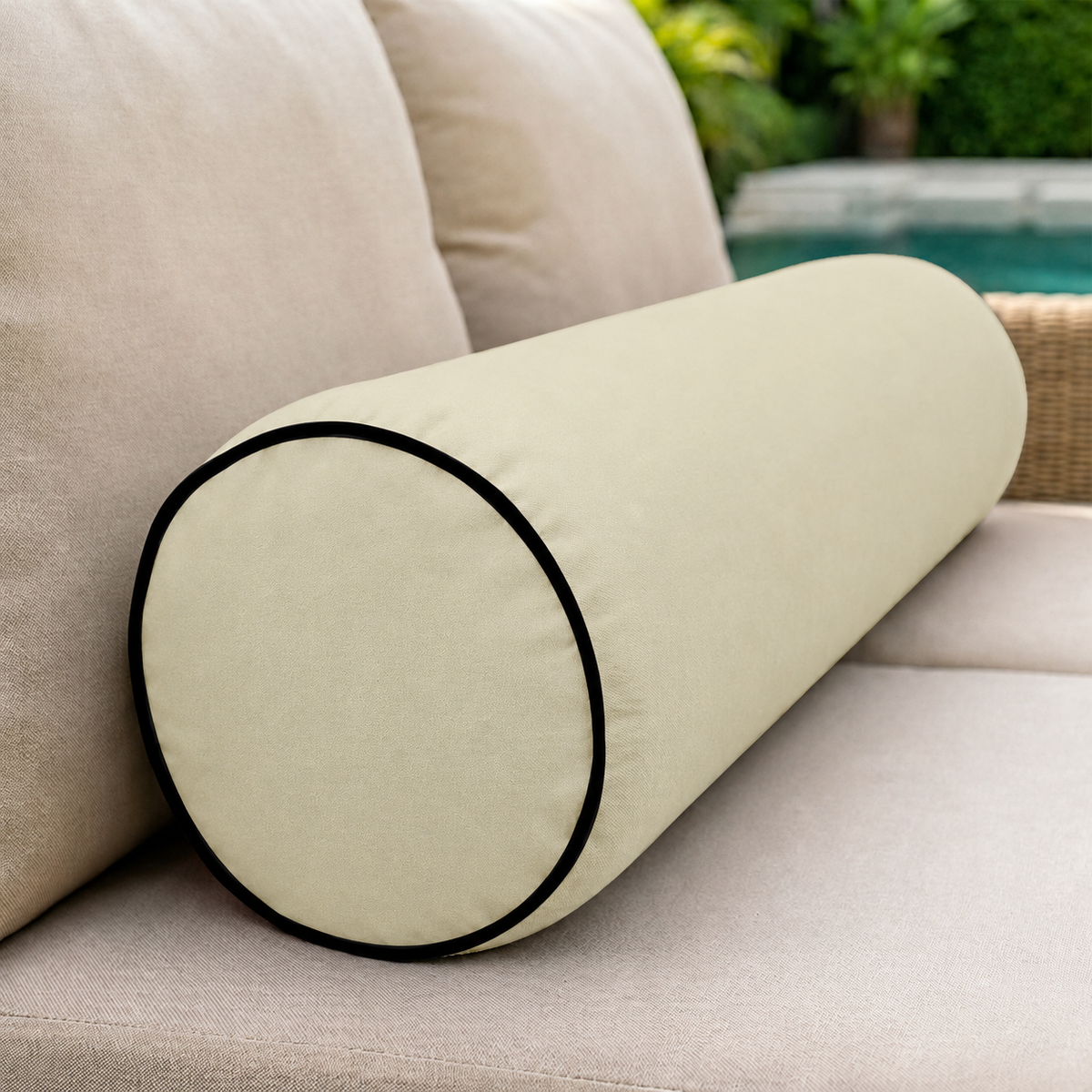 |COVER ONLY| Contrast Trim Medium Size 24x6 Outdoor Bolster Pillow Water Repellent Decorative Bolster Pillow for Porch Swing Couch Sofa Cushion Patio Furniture AD005