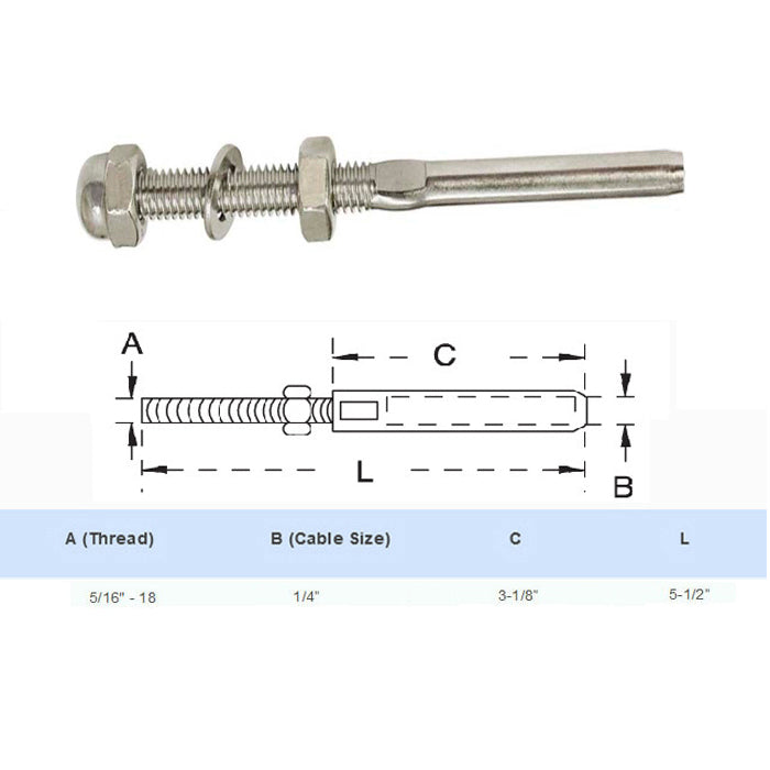 Stainless Steel Swage Threaded Stud End Fitting for 1/8",1/4", 3/16" Cable Rail