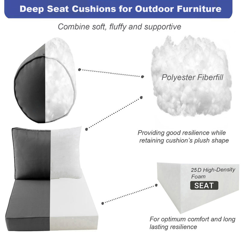 Medium Size 24x26x6 Contrast Trim Outdoor Deep Seat Backrest Cushion with Bolster, Water Repellent Patio Cushion Insert and Cover Set AD107