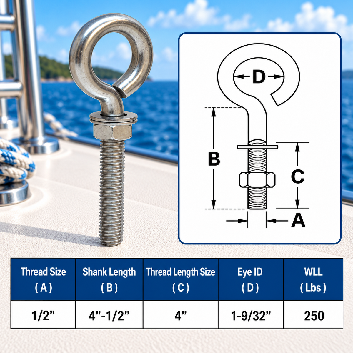 10 Pc Set Marine T316 Stainless Steel Turned Eye Bolt with Nut and Washers, Boat Rigging Eye Bolt for Deck, Dock, and Outdoor Use