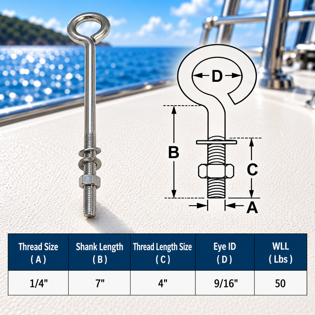 10 Pc Set Marine T316 Stainless Steel Turned Eye Bolt with Nut and Washers, Boat Rigging Eye Bolt for Deck, Dock, and Outdoor Use
