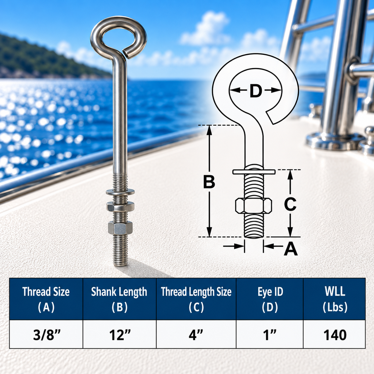 10 Pc Set Marine T316 Stainless Steel Turned Eye Bolt with Nut and Washers, Boat Rigging Eye Bolt for Deck, Dock, and Outdoor Use
