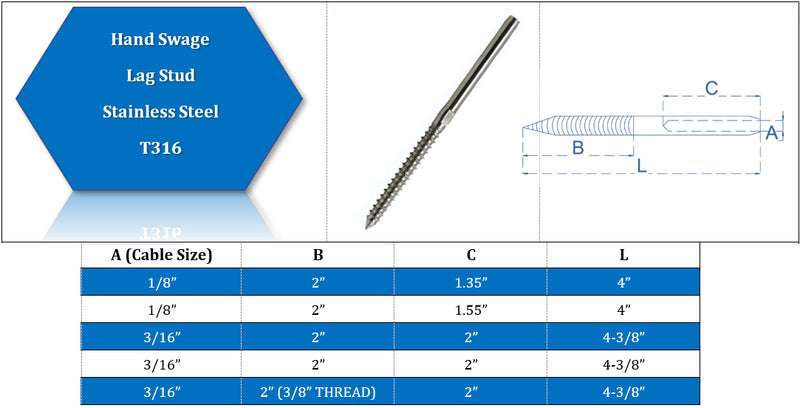 10 PC Type 316 Stainless Steel Lag Stud Swage Cable Railing 1/8" Cable