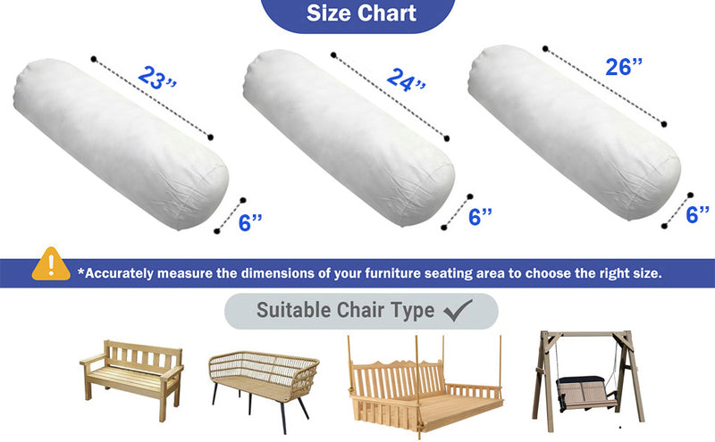 Outdoor Round Long Bolster Pillow Polyester FiberFill Decorative Bolster for Porch Swing Couch Sofa Cushion |INSERT ONLY|