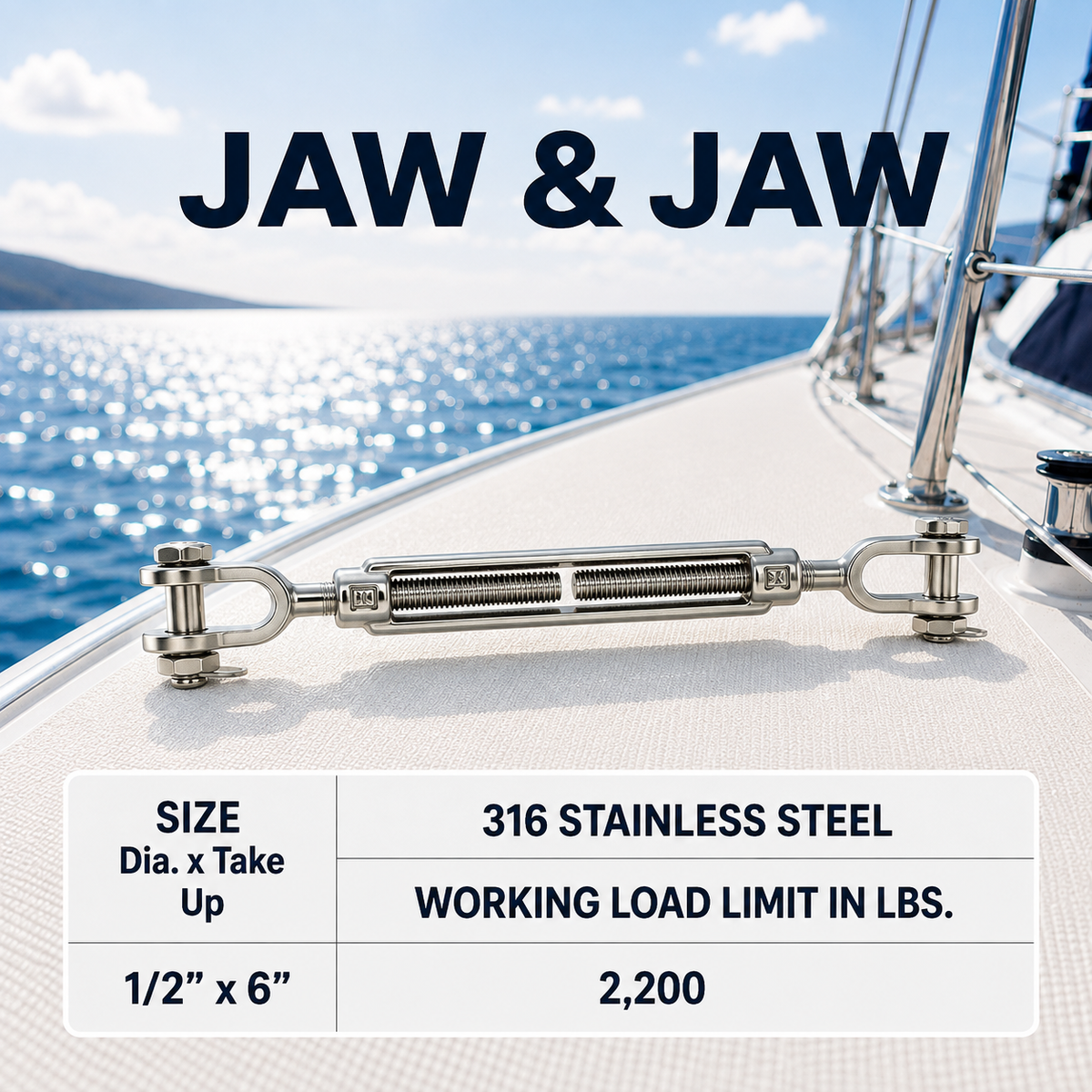 T316 Stainless Steel Hook Hook and Jaw Jaw Turnbuckle, Marine Swivel Lift Rigging Tensioner for Cable, Chain, and Rope
